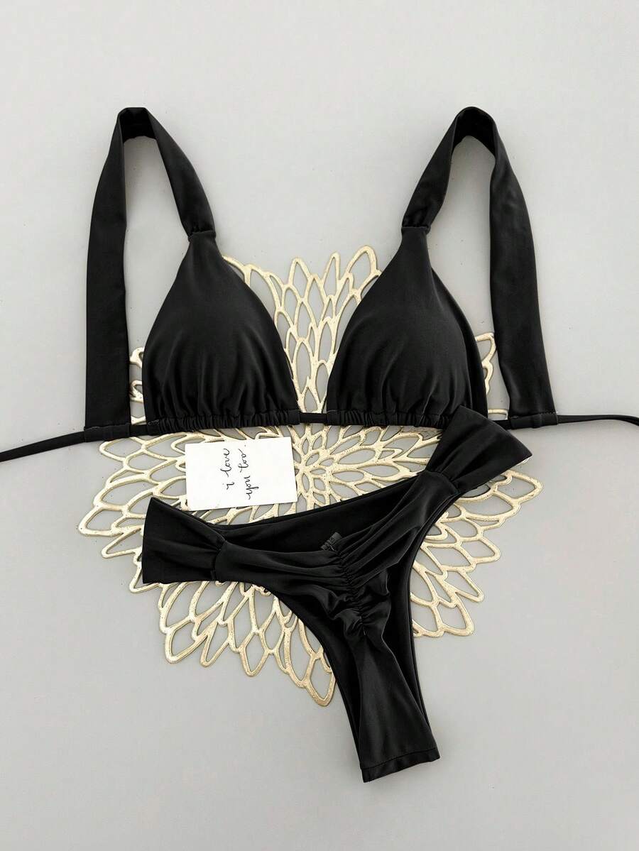 SHEIN Swim 女款性感海灘度假純色時尚熱門色掛脖綁帶+後背綁帶比基尼上衣,性感抓皺後背+側腰抓皺設計比基尼褲,街頭風音樂節派對泳池泳衣套裝 - 黑色 - 查看 1