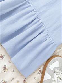 兒童青少年女孩淺藍色 Polo 領刺繡圖案荷葉邊休閒洋裝，校服風格，適合上學、戶外活動、購物、日常穿著 - 淺藍色 - 查看 4
