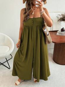 Ceyna Plus Size Women's Solid Color Ruched Casual Daily Wear Spaghetti Strap Jumpsuit Wide Leg Pants - Green - View 4