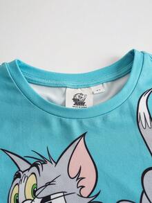TOM & JERRY X SHEIN 小男孩卡通與字母印花短袖圓領T恤短褲套裝 - 綠色 - 查看 3