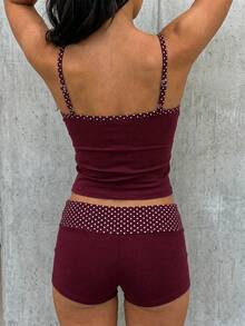 SHEIN EZwear 女款度假辣妹波點印花細肩帶上衣與短褲兩件套 - 酒紅色 - 查看 2