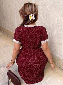 Breezaya Women's Summer Elegant 1960s Commuter Casual French Vintage Navy Blue Polka Dot Print Square Neck Short Sleeve Lace Trim Fitted Waist Slimming Dress - Red - View 2
