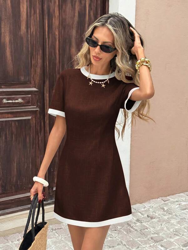 Serisse Women's Colorblock Minimalist French Elegant Versatile Round Neck Short Sleeve Dress Daytime White And Brown Summer Brunch Vacation