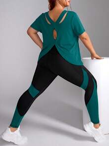 SHEIN Rhythm Era Women's Plus Size Short Sleeve Round Neck Sports Set Gym Sports Teal Summer - Olive Green - View 3