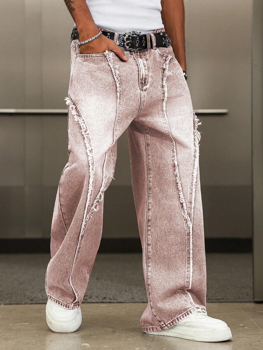 Manfinity EMRG Pantalones de pierna ancha con diseño de streetwear para hombres, con parches deshilachados, bordado ligero vintage y lavado - Rosa Pálido - Ver 1