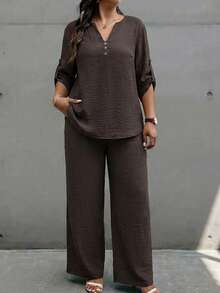 Weeklong Plus Size Women's Spring/Summer Notched Neckline Stud Button Decor Casual Vacation Set - Brown - View 5