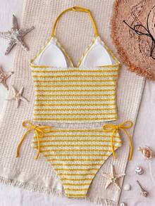 SHEIN Kids Teen Girls Yellow & White Ribbed Ribbed Tankini Bikini 2-Piece Swimsuit, Suitable For Beach Vacation, Spring/Summer Wear, Girls Vacation Beach Ribbed Spaghetti Strap Swim Top & Shorts Set - Yellow - View 2