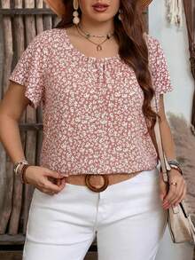 EMERY ROSE Plus Size Women All-Over Floral Print Short Sleeve Casual Shirt,Boho For Women/Summer Vacation Dusty Rose - Pink - View 6