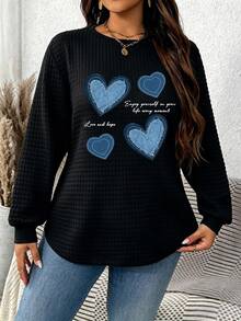 EMERY ROSE Autumn/Winter Round Neck Small Checkered Casual White Comfortable Sweatshirt With Curved Hem And Side Slit Design - Black - View 8