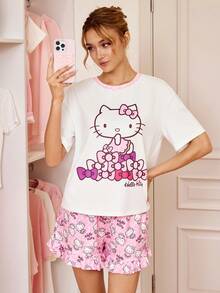 HELLO KITTY AND FRIENDS | SHEIN Women's Cartoon Print Short Sleeve Top And Shorts Pajama Set - Baby Pink - View 1
