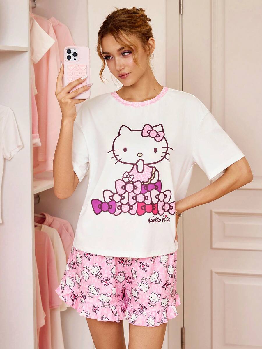 HELLO KITTY AND FRIENDS | SHEIN Women's Cartoon Print Short Sleeve Top And Shorts Pajama Set - Baby Pink - View 1