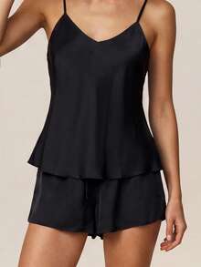 SHEIN Leisure Women's Soft, Smooth And Silky Satin Pajama Set FrenchElegance EasyComfort - Black - View 4