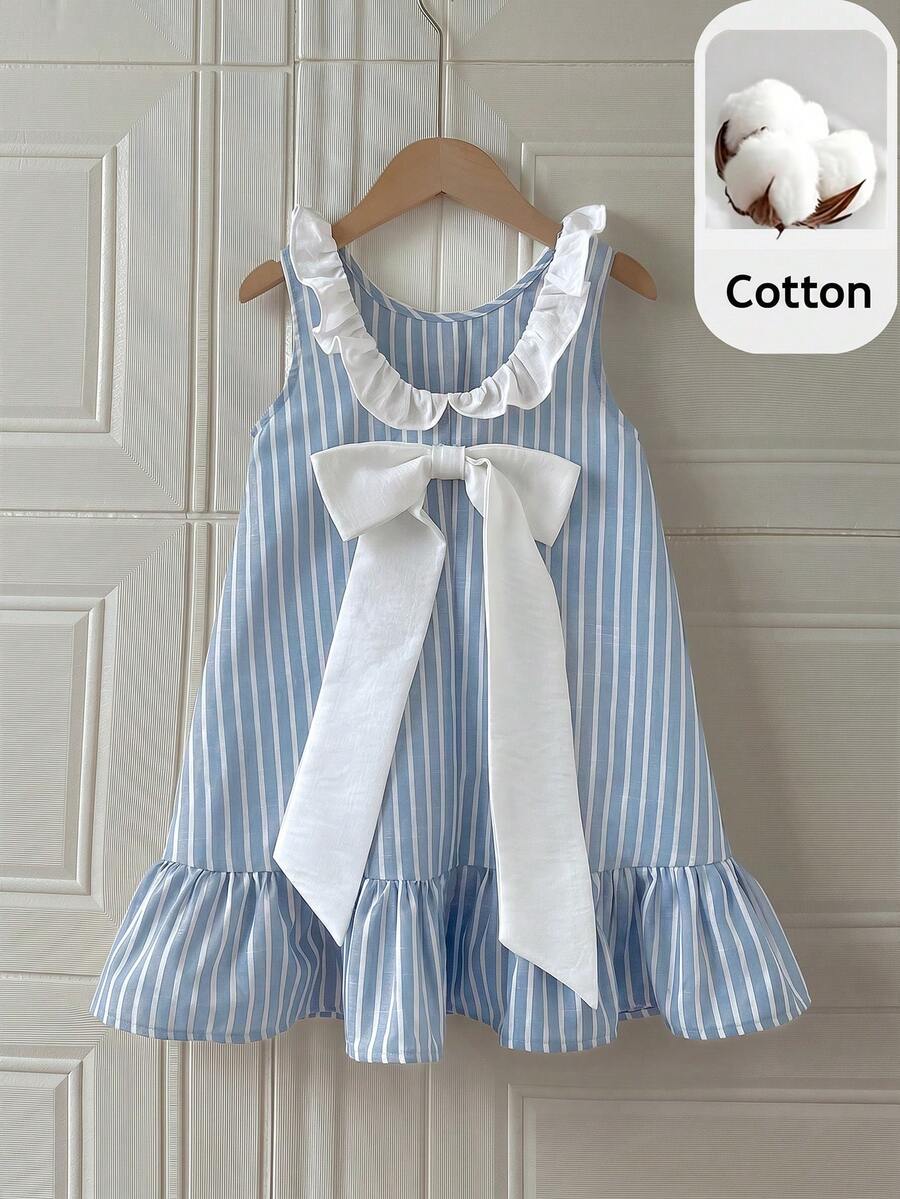 PrepCrw Young Girls Elegant Urban Academy Style Loose Cute Striped Blue Ruffle Bow Decor Sleeveless Dress, Suitable For Daily Wear, Back To School, Outings - Blue and White - View 1