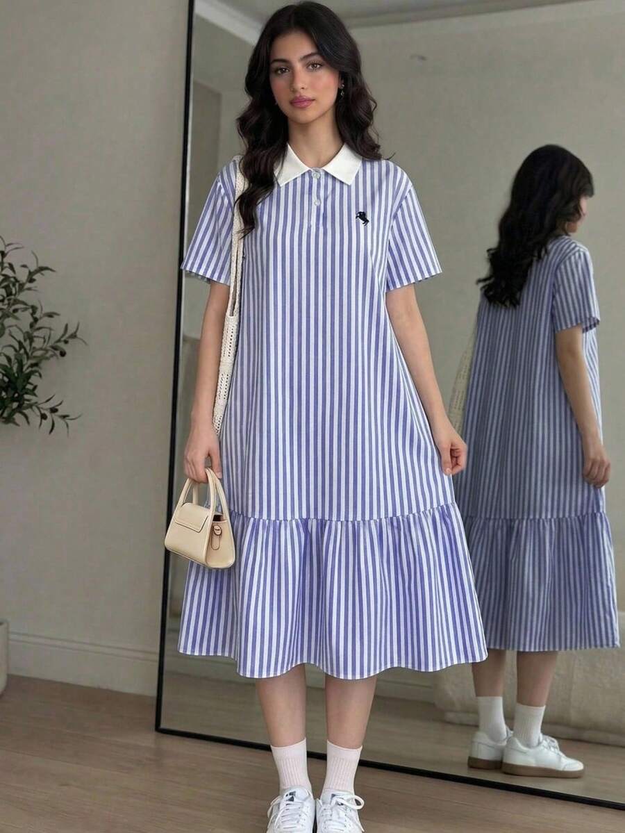 青少年女孩 Polo 領條紋刺繡圖案短袖中長洋裝,適合青少年女孩,對比色荷葉領花瓣袖印花洋裝,適合學校、戶外活動、購物,鈕扣洋裝童裝 - 寶藍色 - 查看 1
