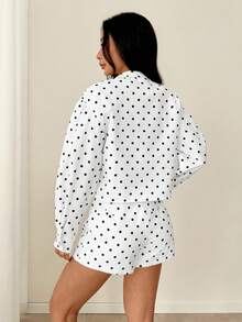 SHEIN PETITE Women's Fashion Polka Dot Print Zipper Front Long Sleeve Jacket And Shorts 2-Piece Set - Black and White - View 2