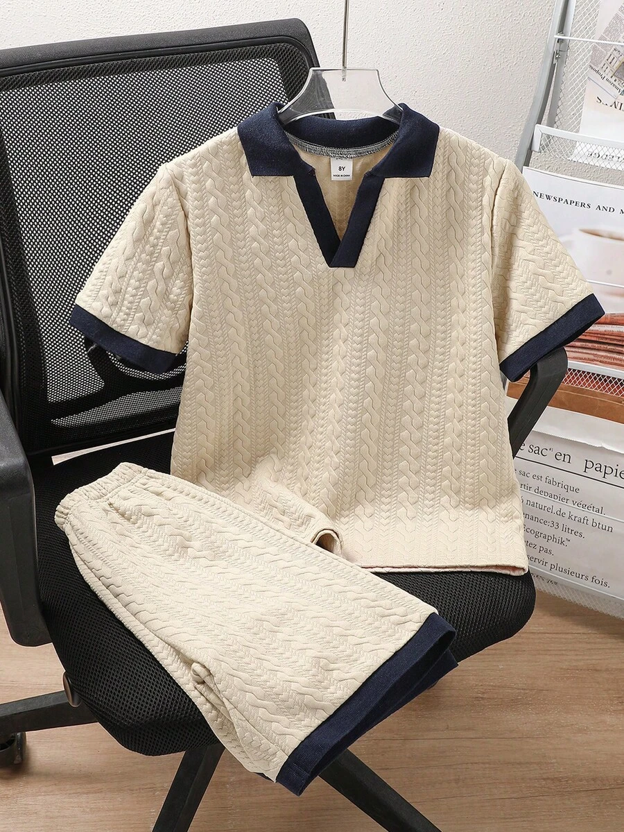 Tween Boys' Summer Beige & Navy Casual Jacquard Short Sleeve Top And Shorts Set,Loose Fit,Suitable For School,Back-To-School,Outdoor Play & Outings - Apricot - View 1