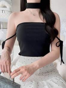 FRIFUL 女款黑色修身掛脖背心上衣 夏季外出穿搭上衣 - 黑色 - 查看 4