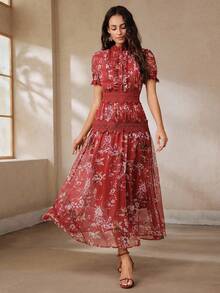 Anewsta Women's Elegant Heavy Embellished Stand Collar Patchwork Lace Floral Dress - Red - View 6