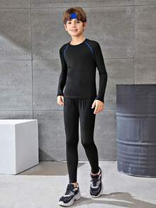 SHEIN Tween男童休閒運動印花圓領短袖T恤加短褲，並搭配緊身長袖T恤和長褲針織四件運動套裝，多件組合 - 藍色 - 查看 5