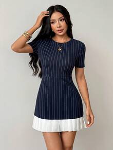 SHEIN PETITE 女款拼色圓領短袖條紋百褶下擺優雅洋裝，適合辦公室與雞尾酒會，小個子女性適用 - 藏蓝色 - 查看 5