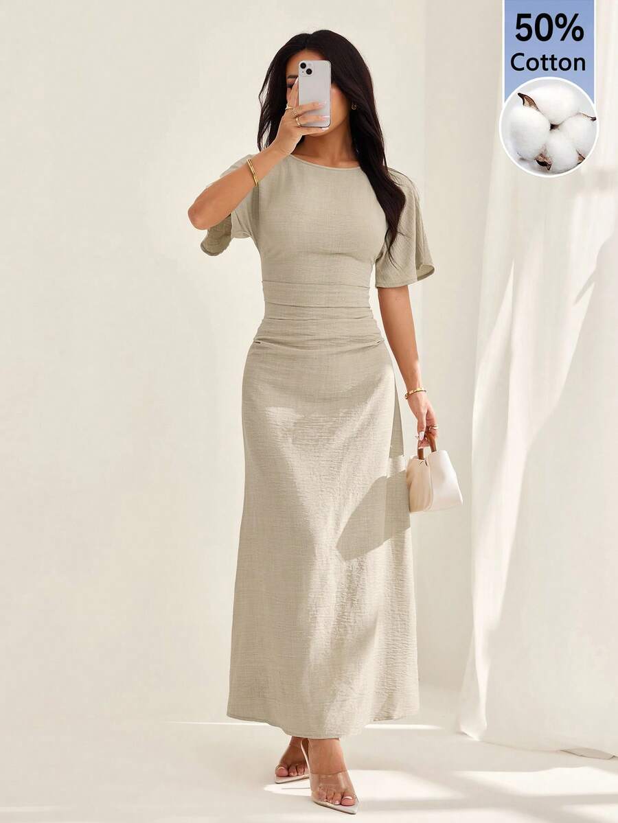 SHEIN PETITE 女款夏季純色亞麻混紡休閒優雅洋裝,棉質春季度假穿搭,收腰設計鼠尾草綠,適合嬌小女性 - 杏色 - 查看 1