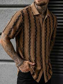Manfinity Homme Men's Casual Striped Short Sleeve Shirt, Summer - Coffee Brown - View 4