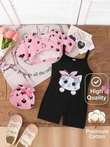 SHEIN Elladie kids 3件套可爱猫咪卡通图案吊带连体衣、短款罩衫+斜挎包，适合日常生活、外出、旅行、聚会、夏季穿搭 - 粉色 - 查看 1
