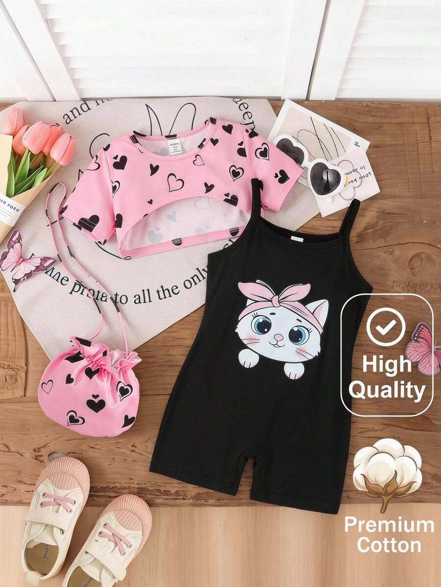 SHEIN Elladie kids 3件套可爱猫咪卡通图案吊带连体衣、短款罩衫+斜挎包,适合日常生活、外出、旅行、聚会、夏季穿搭 - 粉色 - 查看 1