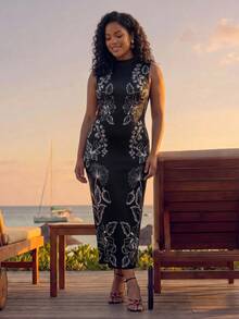 CAJUNI Plus Size Women's Floral Print Fashionable Elegant Vacation Dress - Black and White - View 3