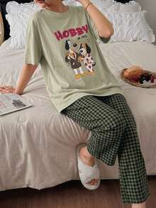 DAZY Cute Puppy Graphic Loose Short Sleeve T-Shirt And Plaid Straight Leg Long Pajama Pants 2-Piece Set, Summer Outfit Women's Sleepwear - Green - View 5