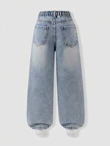 Tween Girls 2026 Summer Washed Blue Loose Straight Denim Pants High Waist Elastic Casual School Style Versatile Long Snug Fit Student Uniform Daily - Light Wash - View 2