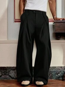SWAVVY Men's Woven Fashionable Casual Loose Solid Color Pants, Fall - Black - View 6