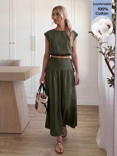 Easowa Women's Solid Color Round Neck Top And Pleated Skirt Casual Daily Two Pieces Set