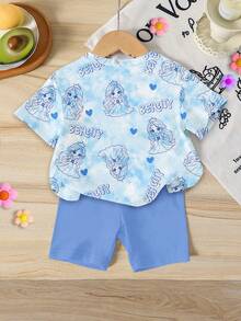 Summer Baby Girl Casual Multi-Piece Set, Brown & Apricot Leopard Print Cartoon Rabbit Pattern, Round Neck Short Sleeve T-Shirt & Shorts - Multicolor - View 2