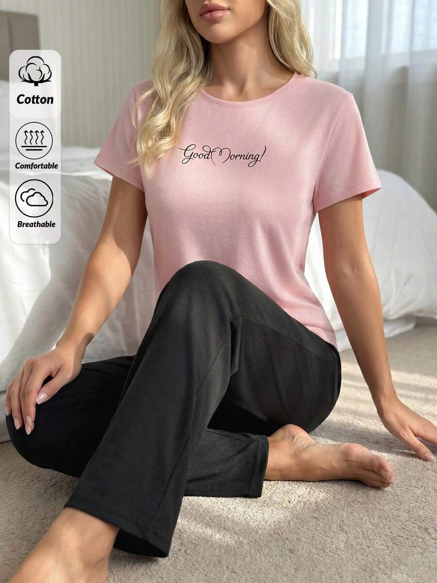 SHEIN 女款棉質標語印花多色圓領短袖上衣與高腰舒適長褲套裝