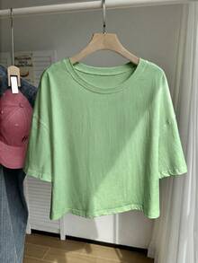 Comfortcana Solid Color Dropped Shoulder Short Sleeve Crew Neck Plus Size T-Shirt Formal Holiday Light Green Summer Casual Office Club - Green - View 3