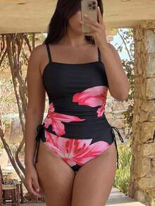 SHEIN Swim Curve 2-delad elegant casual badklädsel i tank-modell med slumpmässigt mönster för kvinnor i plus size - Svart - Visa 6