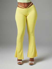 BABYPHAT Low Rise Flared Trousers With Rhinestone Logo Strap Detail, Festival Party Pants - Pale Yellow - View 1