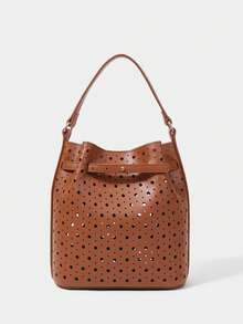SHECARRY WOMEN'S FASHION BROWN HANDBAG, EXQUISITE BUCKLE, HOLLOW CRAFT BUCKET BAG, SUITABLE FOR DAILY, COMMUTING, SHOPPING, VACATION, TRAVEL - Brown - View 4