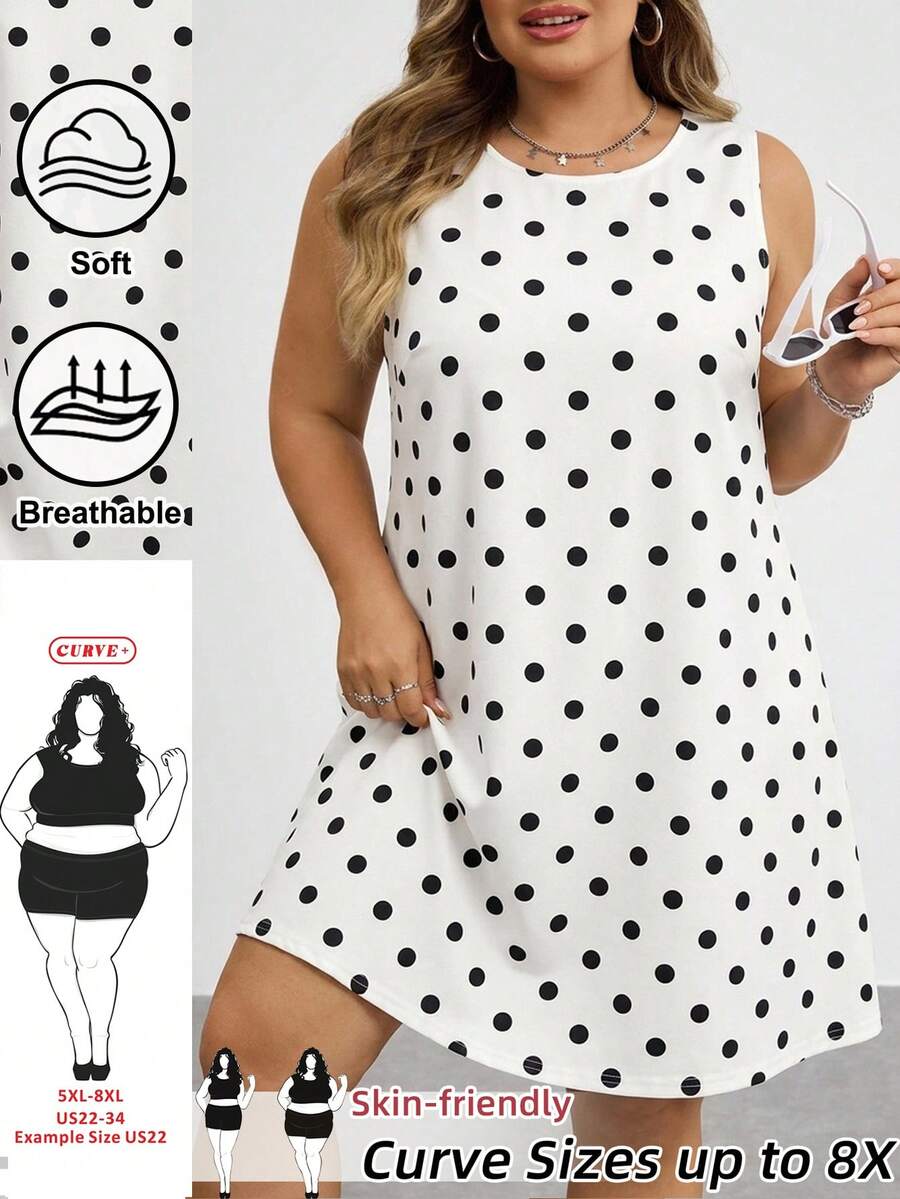SHEIN CURVE+ Plus Size Summer Casual Polka Dot Print Denim Dress Dresses For Women Summer - White - View 1