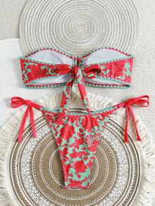 SHEIN Swim 女士花卉印花抹胸比基尼套装，度假海滩比基尼套装 - 彩色 - 查看 2