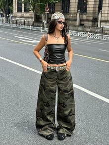 Coolane 女款夏秋街頭風休閒外出 Y2K 牛仔女郎純棉寬鬆迷彩天使之翼與愛心圖案閃亮水鑽牛仔褲 - 軍綠色 - 查看 3
