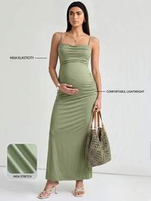 Modmama Maternity Solid Color Pleated Elegant Camisole Dress - Olive Green - View 2