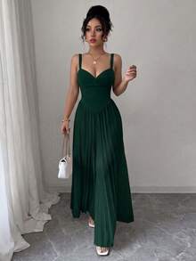 SHEIN Elenzya 女款無袖細肩帶收腰百褶優雅浪漫精緻連身褲 - 墨綠色 - 查看 5