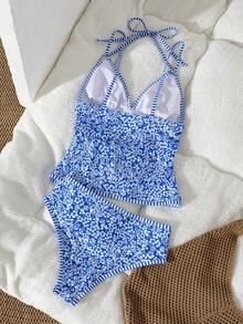 Swim Vcay Swim Lushoire 女款兩件式隨機花卉與條紋衝浪背心比基尼泳衣，附飾邊細節，花卉與條紋拼接高腰三角泳褲，春季度假泳裝套裝 - 彩色 - 查看 2