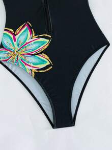 Swim SPRTY 1pc Women's One-Piece Zip-Up Sports Swimsuit With Floral Pattern - Black - View 7
