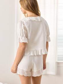 Ocili 女款拼接荷葉邊前綁帶上衣與短褲居家休閒套裝 - 白色 - 查看 2