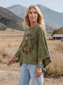Wildy Tenue d'été décontractée BOHO style western country avec patchwork blocs de couleurs pour femme, top ample asymétrique basique pour sorties et trajets quotidiens - Militaire verte - Voir 7