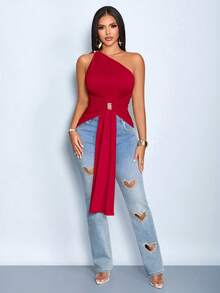 SOLERSUN Women's Summer Solid Sexy Metal Pleated One Shoulder Sleeveless Ruched Flowy Top Suitable For Casual Wear Dates Going Out Y2K Party Night - Burgundy - View 5