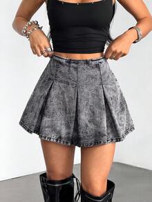 SHEIN PETITE Fashion Casual Women's Denim Pleated Mini Skirt Skort - Grey - View 6